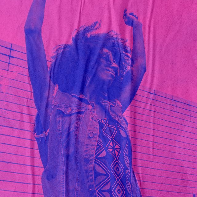 pink overlay photo of a person with their arms raised
